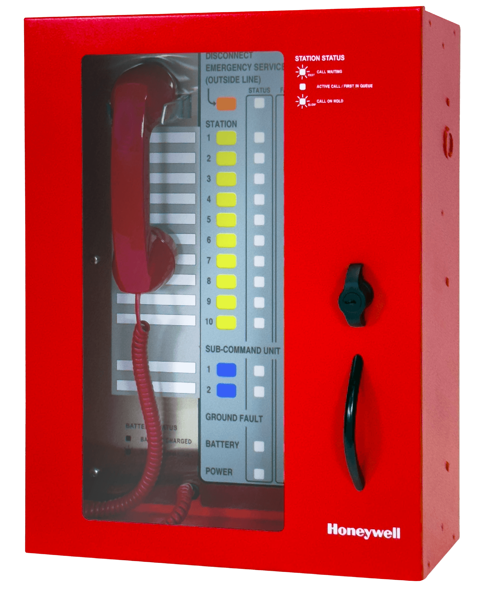 UL 2525 Listed Area of Refuge Command Unit with 10-station capacity, door with keyed latch, red enclosure
