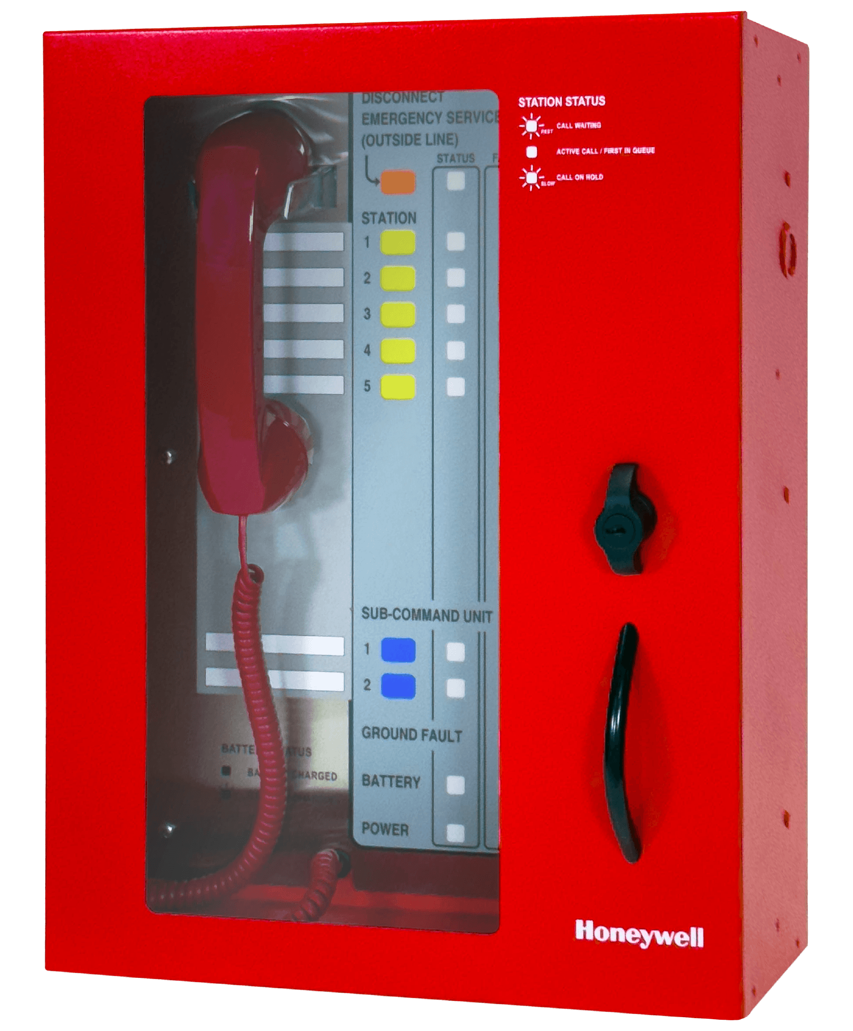 UL 2525 Listed Area of Refuge Command Unit with 5-station capacity, door with keyed latch, red enclosure